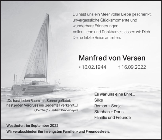 Traueranzeige von Manfred von Versen von vrm-trauer Wormser Zeitung