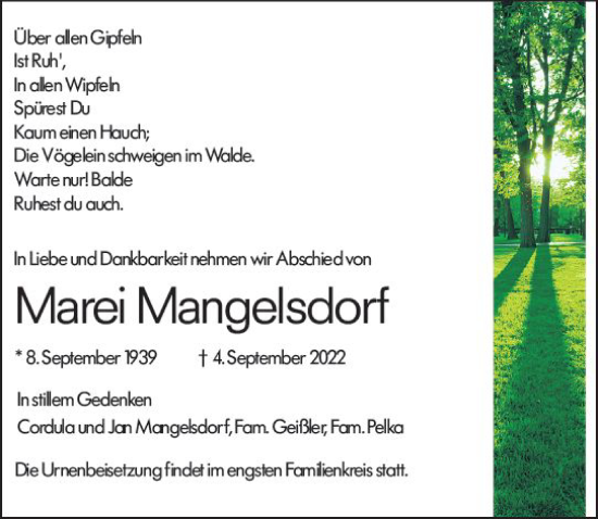 Traueranzeige von Marei Mangelsdorf von vrm-trauer Darmstädter Echo