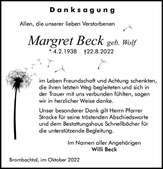 Traueranzeige von Margret Beck von vrm-trauer Odenwälder Echo