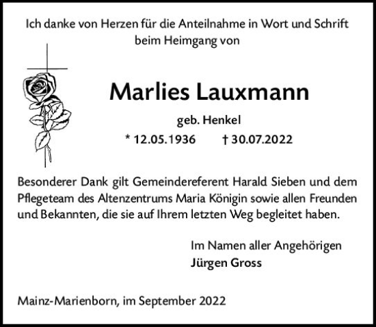 Traueranzeige von Marlies Lauxmann von vrm-trauer AZ Mainz