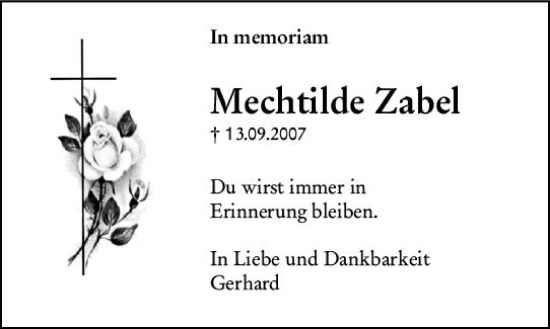 Traueranzeige von Mechtilde Zabel von vrm-trauer Allgemeine  Zeitung Ingelheim-Bingen