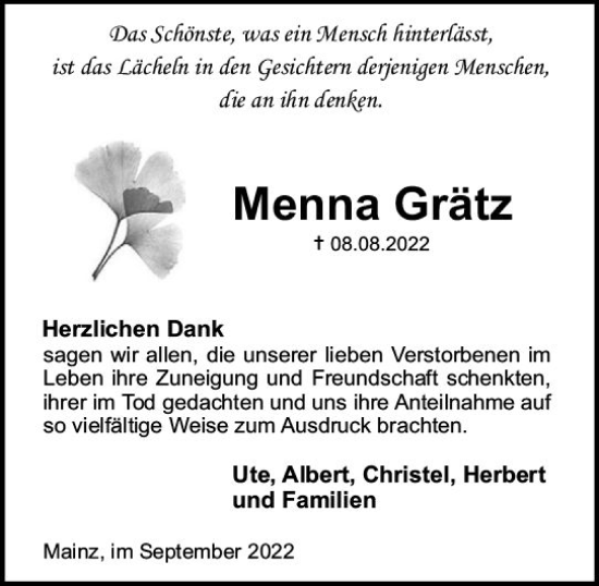 Traueranzeige von Menna Grätz von vrm-trauer Allgemeine Zeitung Alzey