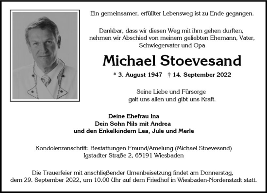 Traueranzeige von Michael Stoevesand von vrm-trauer Wiesbadener Kurier