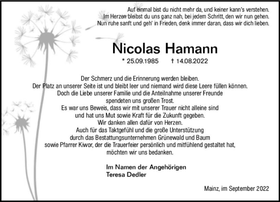 Traueranzeige von Nicolas Hamann von vrm-trauer AZ Mainz