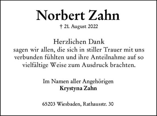 Traueranzeige von Norbert Zahn von vrm-trauer Wiesbadener Kurier