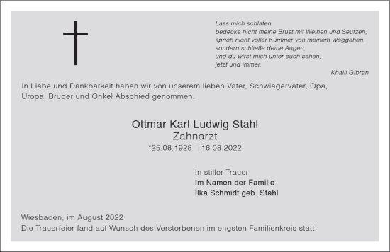 Traueranzeige von Ottmar Karl Ludwig Stahl von vrm-trauer Wiesbadener Kurier