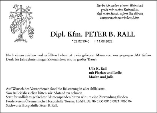 Traueranzeige von Peter B. Rall von vrm-trauer Wormser Zeitung