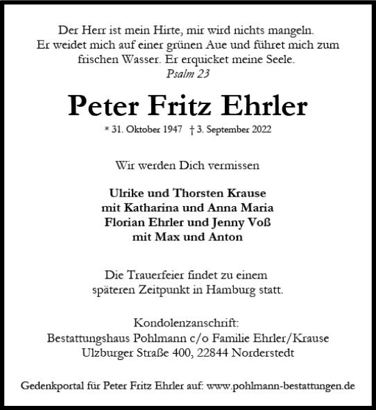 Traueranzeige von Peter Fritz Ehrler von vrm-trauer Darmstädter Echo