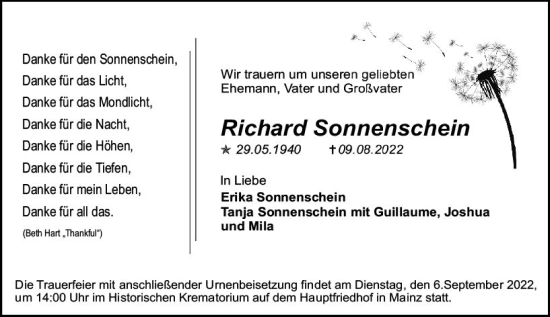 Traueranzeige von Richard Sonnenschein von vrm-trauer AZ Mainz