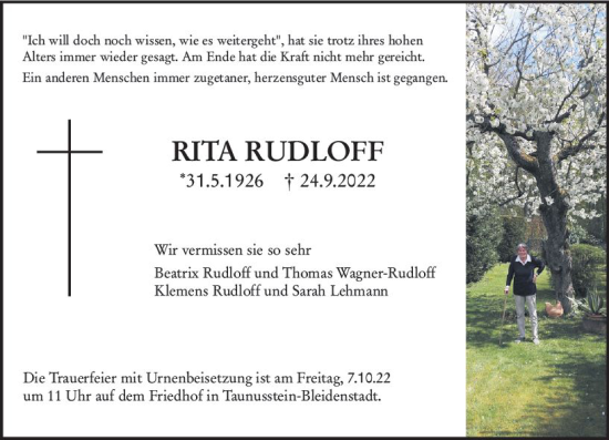 Traueranzeige von Rita Rudloff von vrm-trauer Wiesbadener Kurier