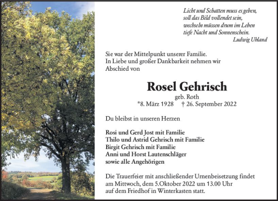 Traueranzeige von Rose Gehrisch von vrm-trauer Bergsträßer Anzeiger