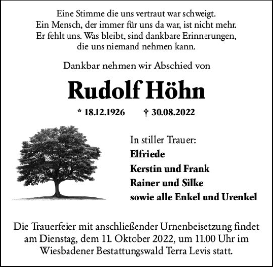 Traueranzeige von Rudolf Höhn von vrm-trauer Wiesbadener Kurier
