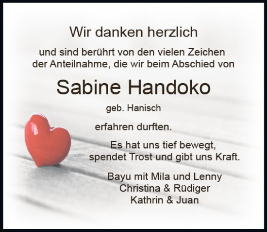 Traueranzeige von Sabine Handoko von vrm-trauer DieburgerAnzeiger/Groß-Zimmerner Lokala