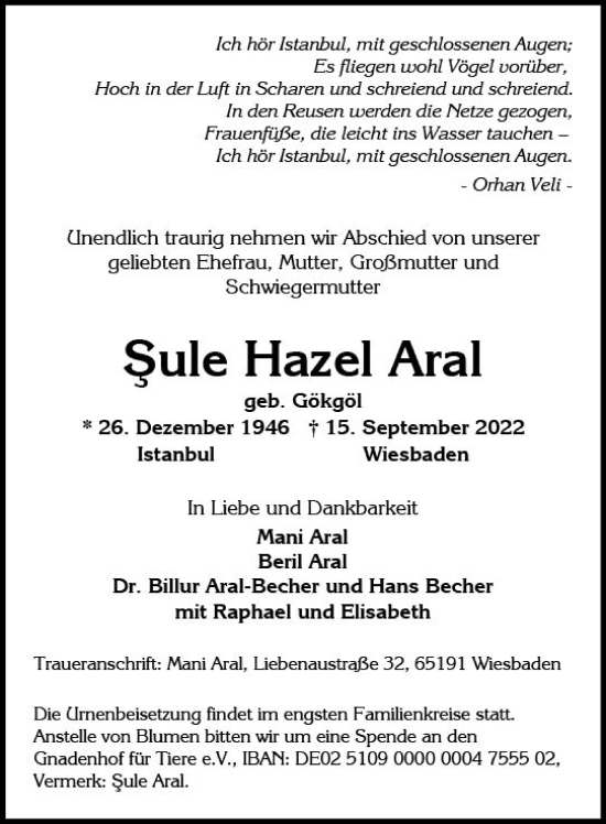 Traueranzeige von Sule Hazel Aral von vrm-trauer Wiesbadener Kurier