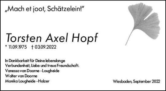 Traueranzeige von Torsten Axel Hopf von vrm-trauer Wiesbadener Kurier
