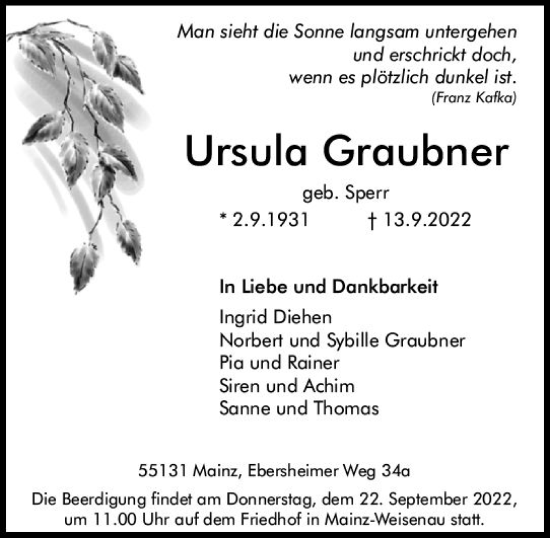 Traueranzeige von Ursula Graubner von vrm-trauer AZ Mainz
