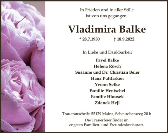 Traueranzeige von Viadimira Balke von vrm-trauer AZ Mainz