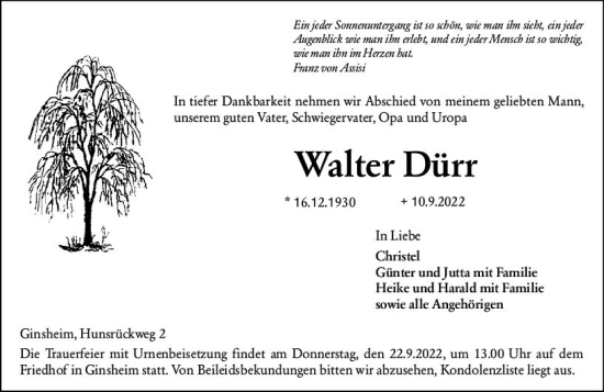 Traueranzeige von Walter Dürr von vrm-trauer AZ Mainz