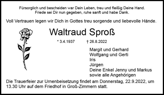 Traueranzeige von Waltraud Sproß von vrm-trauer DieburgerAnzeiger/Groß-Zimmerner Lokala