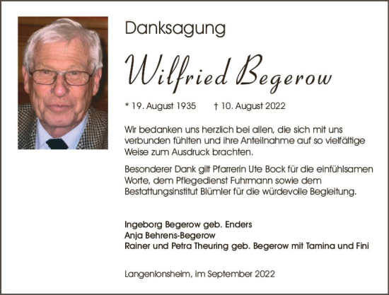 Traueranzeige von Wilfried Begerow von vrm-trauer Allg. Zeitung Bad Kreuznach