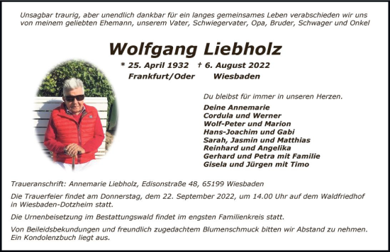 Traueranzeige von Wolfgang Liebholz von vrm-trauer Wiesbadener Kurier