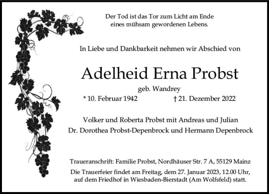 Traueranzeige von Adelheid Erna Probst von vrm-trauer Wiesbadener Kurier