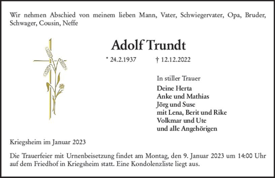 Traueranzeige von Adolf Trundt von vrm-trauer Wormser Zeitung