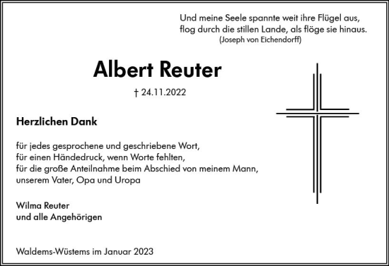 Traueranzeige von Albert Reuter von vrm-trauer Idstein / Untertaunus