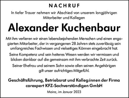 Traueranzeige von Alexander Kuchenbaur von vrm-trauer Wiesbadener Kurier