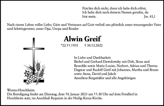 Traueranzeige von Alwin Greif von vrm-trauer Wormser Zeitung