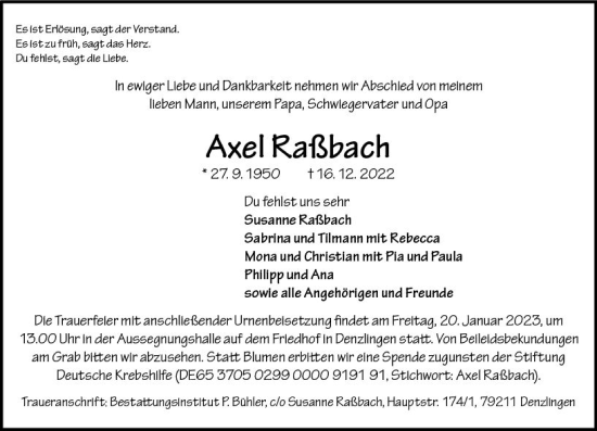 Traueranzeige von Axel Raßbach von vrm-trauer Wiesbadener Kurier
