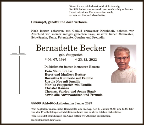 Traueranzeige von Bernadette Becker von vrm-trauer Allg. Zeitung Bad Kreuznach