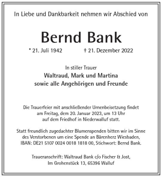 Traueranzeige von Bernd Bank von vrm-trauer Wiesbadener Kurier