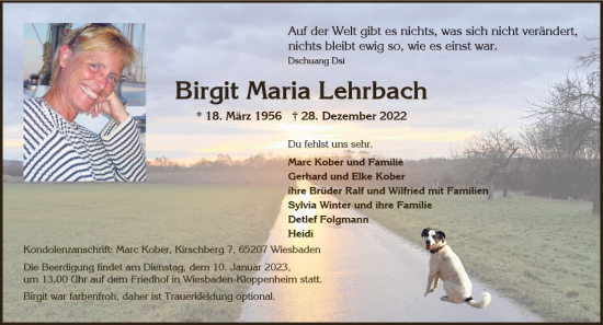 Traueranzeige von Birgit Maria Lehrbach von vrm-trauer Wiesbadener Kurier