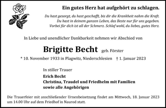 Traueranzeige von Brigitte Becht von vrm-trauer Wiesbadener Kurier