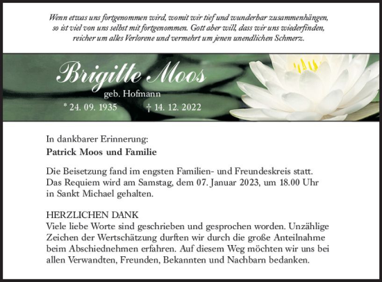 Traueranzeige von Brigitte Moos von vrm-trauer Bürstädter/Lamperth. Ztg/Starkenburger