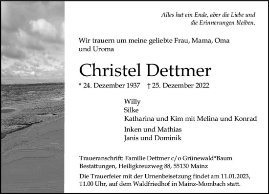 Traueranzeige von Christel Dettmer von vrm-trauer AZ Mainz