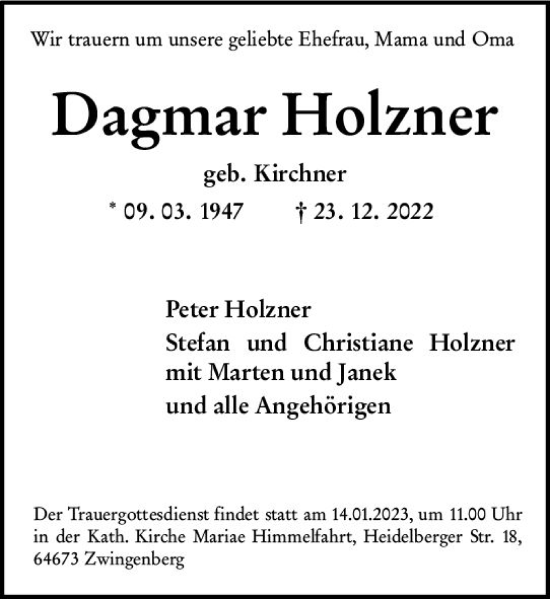Traueranzeige von Dagmar Holzner von vrm-trauer Bergsträßer Anzeiger