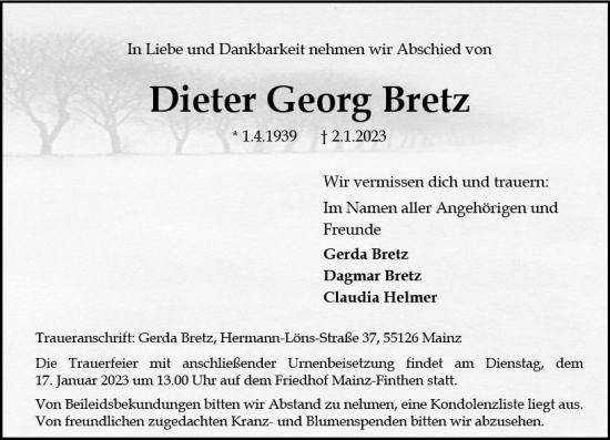 Traueranzeige von Dieter Georg Bretz von vrm-trauer AZ Mainz