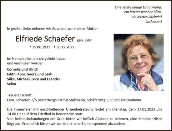 Traueranzeige von Elfriede Schaefer von vrm-trauer AZ Mainz