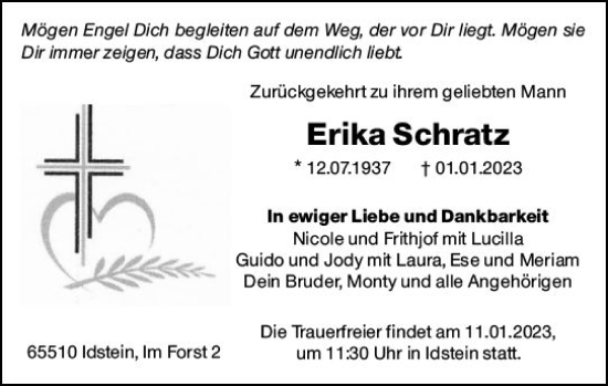Traueranzeige von Erika Schratz von vrm-trauer Idstein / Untertaunus