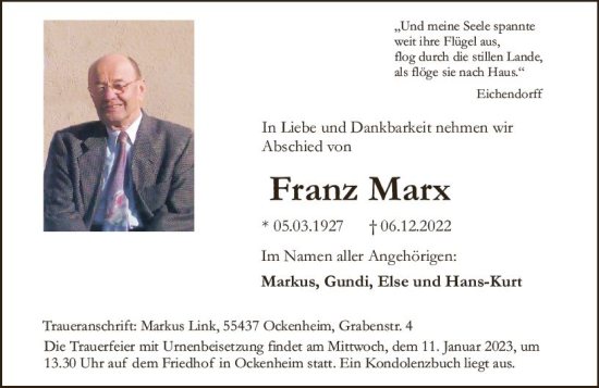 Traueranzeige von Franz Marx von vrm-trauer Allgemeine  Zeitung Ingelheim-Bingen