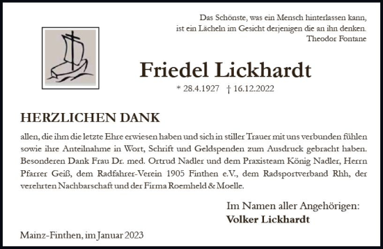 Traueranzeige von Friedel Lickhardt von vrm-trauer AZ Mainz
