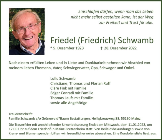 Traueranzeige von Friedel Schwamb von vrm-trauer AZ Mainz