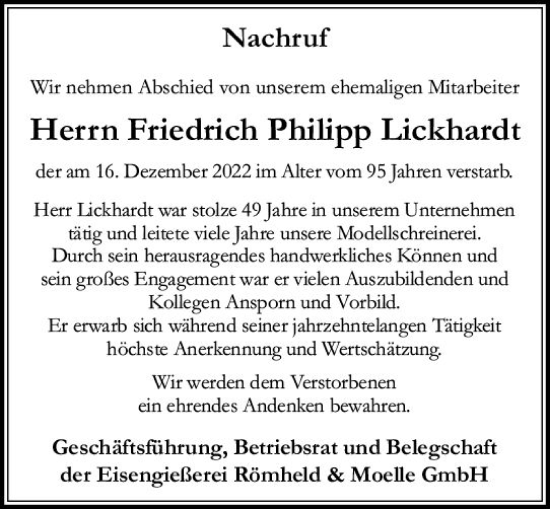 Traueranzeige von Friedrich Philipp Lickhardt von vrm-trauer AZ Mainz