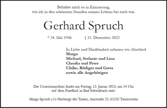 Traueranzeige von Gerhard Spruch von vrm-trauer Wiesbadener Kurier