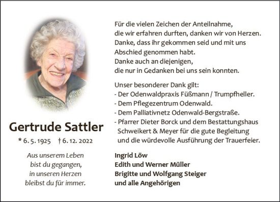Traueranzeige von Gertrude Sattler von vrm-trauer Odenwälder Echo