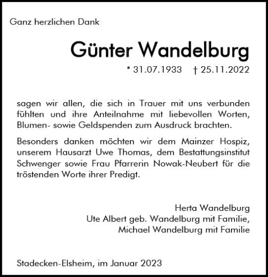 Traueranzeige von Günter Wandelburg von vrm-trauer AZ Mainz