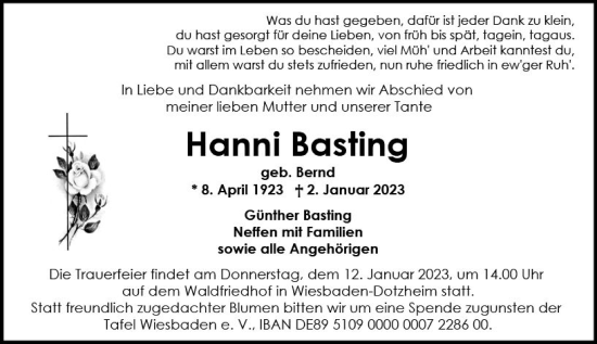 Traueranzeige von Hanni Basting von vrm-trauer Wiesbadener Kurier