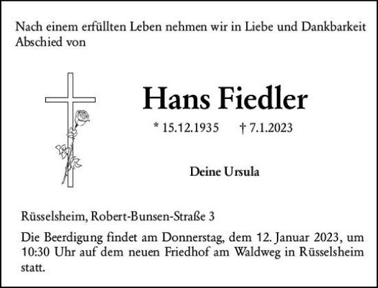 Traueranzeige von Hans Fiedler von vrm-trauer Rüsselsheimer Echo / MainSpitze